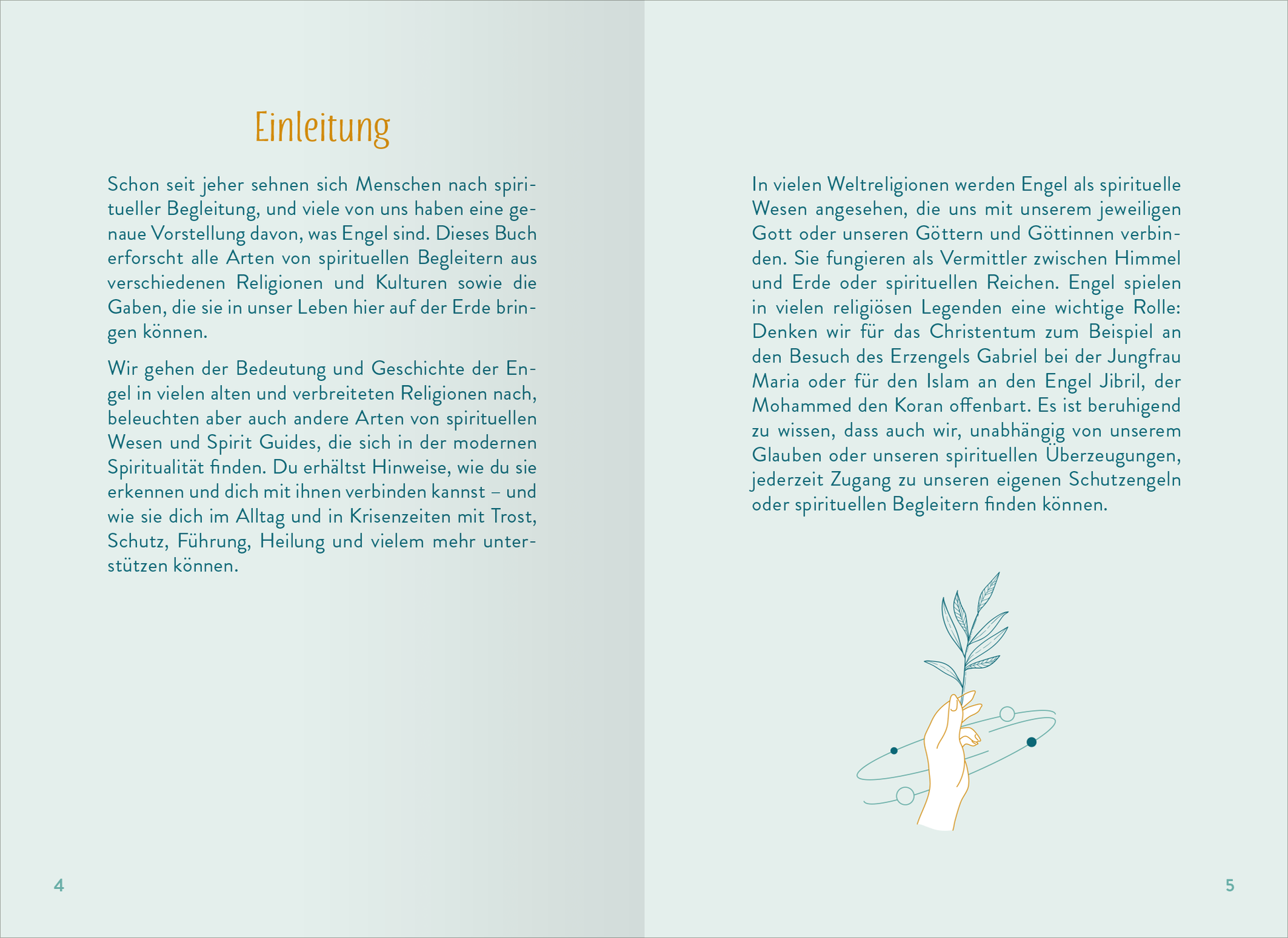 Gezeigt wird eine Innenansicht von „Engel“. Die Seite ist in sanften Grüntönen gehalten und enthält zwei Spalten. Links steht die Überschrift „Einleitung“ in einer klaren, modernen Schriftart. Der Text ist in schwarz und gut lesbar. Rechts befindet sich eine fortlaufende Beschreibung über Engel in verschiedenen Religionen, ergänzt durch eine illustrativ dargestellte Hand, die einen Zweig hält, was die spirituelle Verbindung symbolisiert.