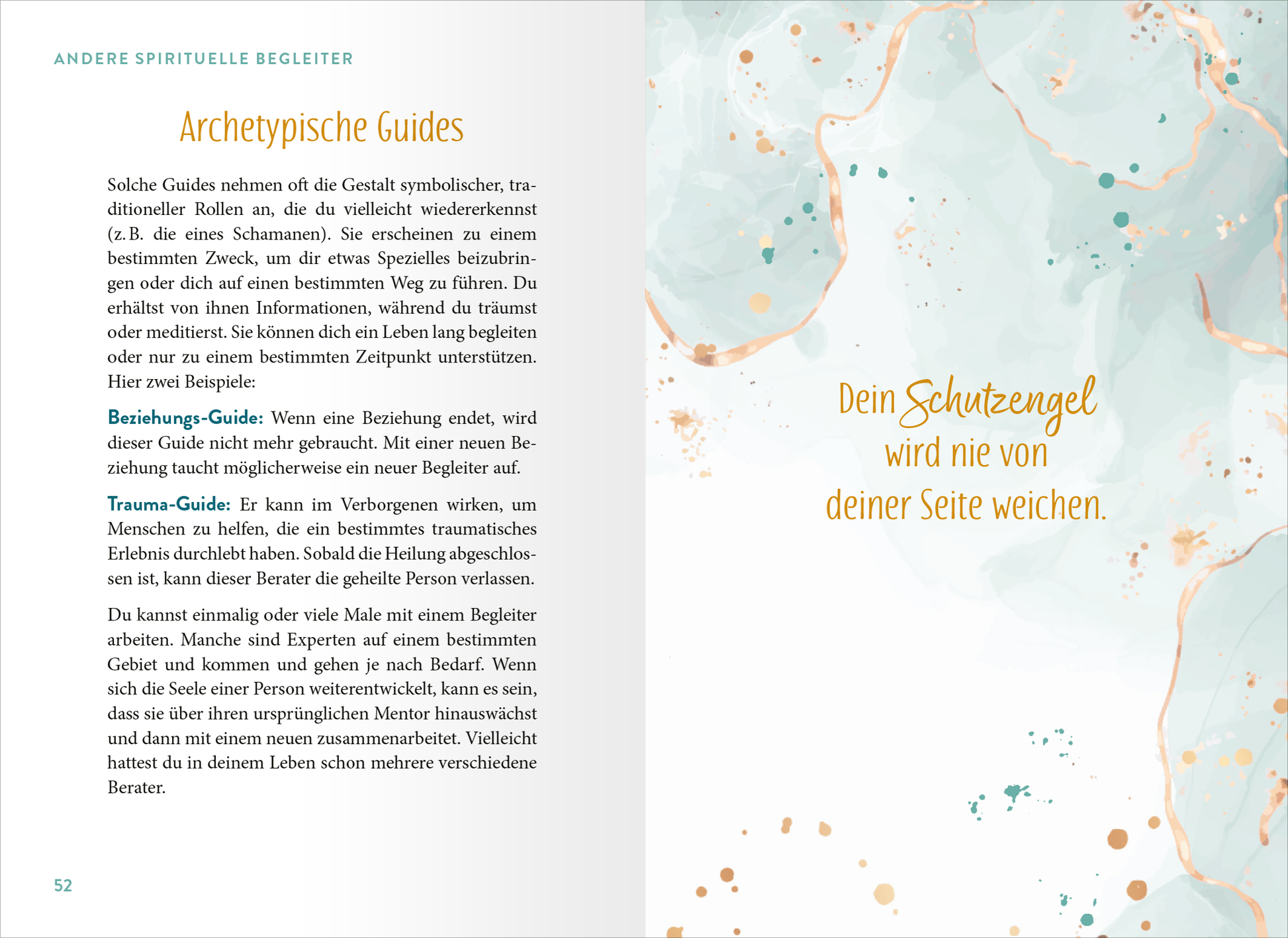 Gezeigt wird eine Innen- oder Zusatzansicht von „Engel“. Die Seite zeigt einen sanften, aquarellartigen Hintergrund in Hellblau und zarten Pastelltönen, akzentuiert von goldenen Spritzern. In der oberen Hälfte befindet sich der Titel „Archetypische Guides“ in einer eleganten, geschwungenen Schrift. Darunter wird der Text in klarer, gut lesbarer Schrift präsentiert. Auf der rechten Seite ist ein hervorgehobener Satz in einer auffälligen, großen Schriftart platziert: „Dein...