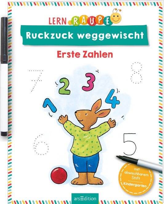 Das Buchcover zeigt eine fröhliche, farbenfrohe Illustrationsszene. Ein Hase steht in der Mitte und hebt freudig seine Arme, um mit Zahlen zu interagieren. Die Zahlen 1 bis 7 sind in verschiedenen Farben um den Hasen herum verteilt, wobei die Zahl 3 in Pink hervorgehoben ist. Oben steht der Titel „Ruckzuck weggewischt“ in leuchtendem Rot, während darunter „Erste Zahlen“ in einer einfachen Schriftart erscheint. In der unteren rechten Ecke befindet sich ein Hinweis über abwischbare...