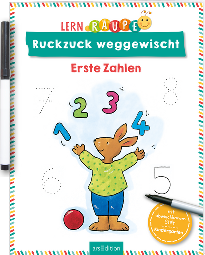 Das Buchcover zeigt eine fröhliche, farbenfrohe Illustrationsszene. Ein Hase steht in der Mitte und hebt freudig seine Arme, um mit Zahlen zu interagieren. Die Zahlen 1 bis 7 sind in verschiedenen Farben um den Hasen herum verteilt, wobei die Zahl 3 in Pink hervorgehoben ist. Oben steht der Titel „Ruckzuck weggewischt“ in leuchtendem Rot, während darunter „Erste Zahlen“ in einer einfachen Schriftart erscheint. In der unteren rechten Ecke befindet sich ein Hinweis über abwischbare...
