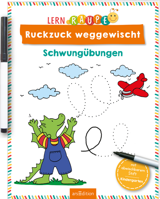 Das Buchcover zeigt einen fröhlichen Drachen in einer bunten Strumpfhose mit Streifen, der mit beiden Händen in die Luft zeigt. Neben ihm fliegt ein rotes Flugzeug, während Wolken und eine Sonnenfigur den Himmel schmücken. Oben ist der Titel „Ruckzuck weggewischt“ in orangefarbener Großschrift platziert, darunter steht „Schwungübungen“ in blauer Schrift. An der oberen Kante sind rundum bunte Punkte zu sehen. Ein kleiner Hinweis vermerkt: „mit abwischbarem Stift für...