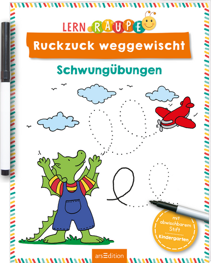 Das Buchcover zeigt einen fröhlichen Drachen in einer bunten Strumpfhose mit Streifen, der mit beiden Händen in die Luft zeigt. Neben ihm fliegt ein rotes Flugzeug, während Wolken und eine Sonnenfigur den Himmel schmücken. Oben ist der Titel „Ruckzuck weggewischt“ in orangefarbener Großschrift platziert, darunter steht „Schwungübungen“ in blauer Schrift. An der oberen Kante sind rundum bunte Punkte zu sehen. Ein kleiner Hinweis vermerkt: „mit abwischbarem Stift für...