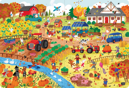 Gezeigt wird eine Innen- oder Zusatzansicht von „Mein großes Wimmelbuch – Im Herbst“. Die farbenfrohe Szene zeigt einen Bauernhof im Herbst mit vielen fröhlichen Tieren wie Hühnern, Kühen und Kaninchen. Pumpkins und Sonnenblumen sind in leuchtenden Gelb- und Orangetönen dargestellt. Ein roter Traktor und ein blauer Wagen kreuzen den Weg, während Kinder und Erwachsene verschiedene Herbstaktivitäten ausführen. Die Illustration verwendet eine klare Schriftart für die darauf...