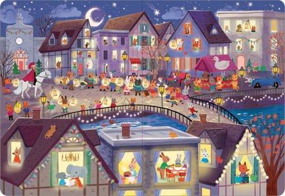 Gezeigt wird eine Innen- oder Zusatzansicht von „Mein großes Wimmelbuch – Im Herbst“. Die Szene zeigt ein geschäftiges Dorf in der Herbstnacht mit bunten Häusern und stimmungsvoller Beleuchtung. Zahlreiche Tiere, darunter Hasen und Füchse, sind in lebhaften Farben dargestellt. Die Typografie ist verspielt und kindgerecht. Im Vordergrund führt eine Brücke über einen kleinen Fluss, während der Mond und Sterne den Nachthimmel erhellen.