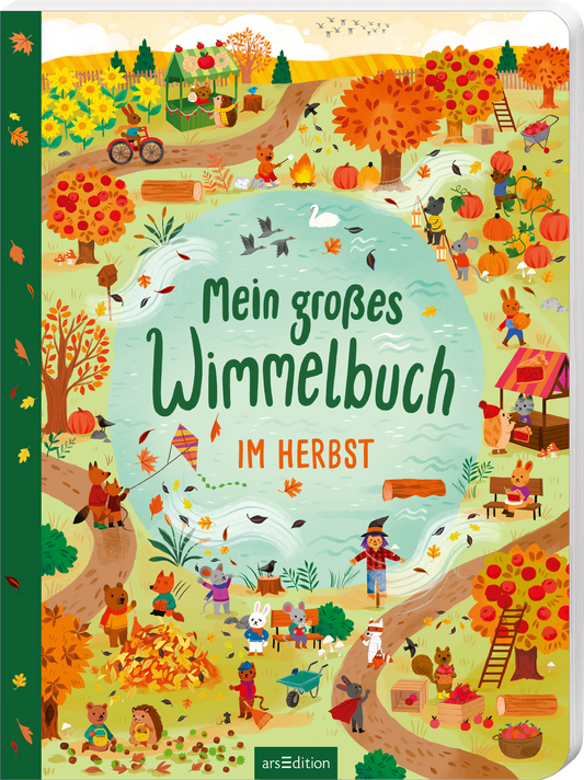 Das Buchcover zeigt eine lebendige, herbstliche Landschaft mit bunten Bäumen in Gelb, Orange und Rot. In der Mitte des Covers steht der Titel „Mein großes Wimmelbuch“ in verspielter grüner Schrift, darunter „im Herbst“ in leuchtendem Orange. Rund um den Text sind Illustrationen von Tieren, Menschen und verschiedenen herbstlichen Aktivitäten wie Ernte und Spielen, die eine fröhliche Atmosphäre schaffen. Ganz unten mittig steht der Logoschriftzug von arsEdition.