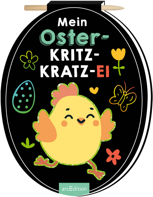 Das Buchcover zeigt ein ovales, schwarzes Design mit bunten, kindgerechten Illustrationen. Ein fröhliches, gelbes Küken blickt lächelnd beim „Oster-Kritz-Kratz-Ei“-Titel hervor, der in weißen und bunten Buchstaben gestaltet ist. Umgeben wird es von kleinen, farbenfrohen Ostereiern, Blumen und einer Schmetterlingszeichnung, die eine fröhliche Atmosphäre schaffen. Ganz oben rechts ist ein Stift abgebildet. Ein SPIEGEL-Bestseller-Button ist nicht vorhanden. Ganz unten mittig steht der...
