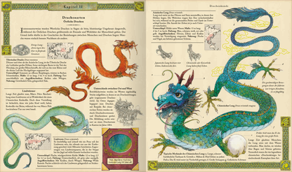 Gezeigt wird eine Innen- oder Zusatzansicht von „Expedition in die geheime Welt der Drachen“. Die Doppelseite zeigt verschiedene Drachenarten in lebendigen Farben, darunter Rot-, Blau- und Grüntöne. Auf der linken Seite sind detaillierte Illustrationen von Drachen mit erklärenden Texten in klarer, gut lesbarer Schrift. Der Hintergrund ist in sanften Beigetönen gehalten, während die Kapitelüberschrift in einer verschnörkelten Schriftart prominent über dem Inhalt steht. Illustrative...