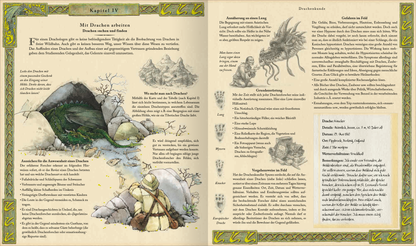 Gezeigt wird eine Innenansicht von „Expedition in die geheime Welt der Drachen“. Die Doppelseite ist farbenfroh gestaltet mit einem ansprechenden, naturverbundenen Design. Links ist eine detaillierte Illustration eines Drachen in einer Höhle zu sehen, während rechts textliche Informationen und Erklärungen angeordnet sind. Die Typografie ist klar und gut lesbar, mit variierenden Schriftgrößen für Überschriften und Fließtext, die den Inhalt übersichtlich gliedern. Ornamente und...