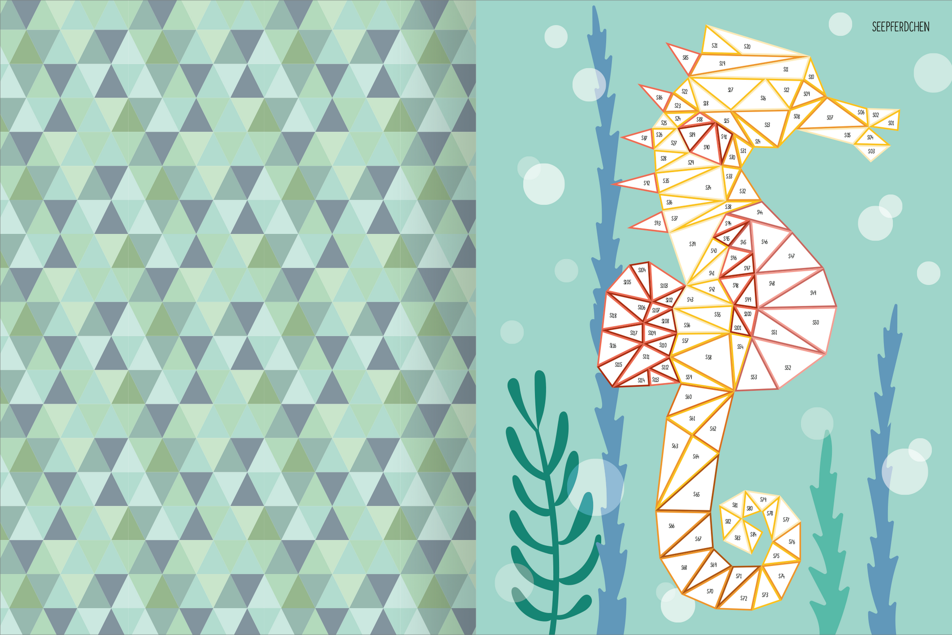 Gezeigt wird eine Innen- oder Zusatzansicht von „I Love to Sparkle – Mosaik-Stickerheft Unterwasserwelt“. Links ist ein Muster aus gleichseitigen, facettenartigen Dreiecken in sanften Grüntönen und Grau dargestellt. Rechts erkennt man ein grafisches Seepferdchen in verschiedenen Farben, darunter Gelb, Rot und Weiß, umgeben von stilisierten Wasserpflanzen und kreisförmigen Blasen. Die Typografie beschränkt sich auf den Titel „SEEPFERDEN“.