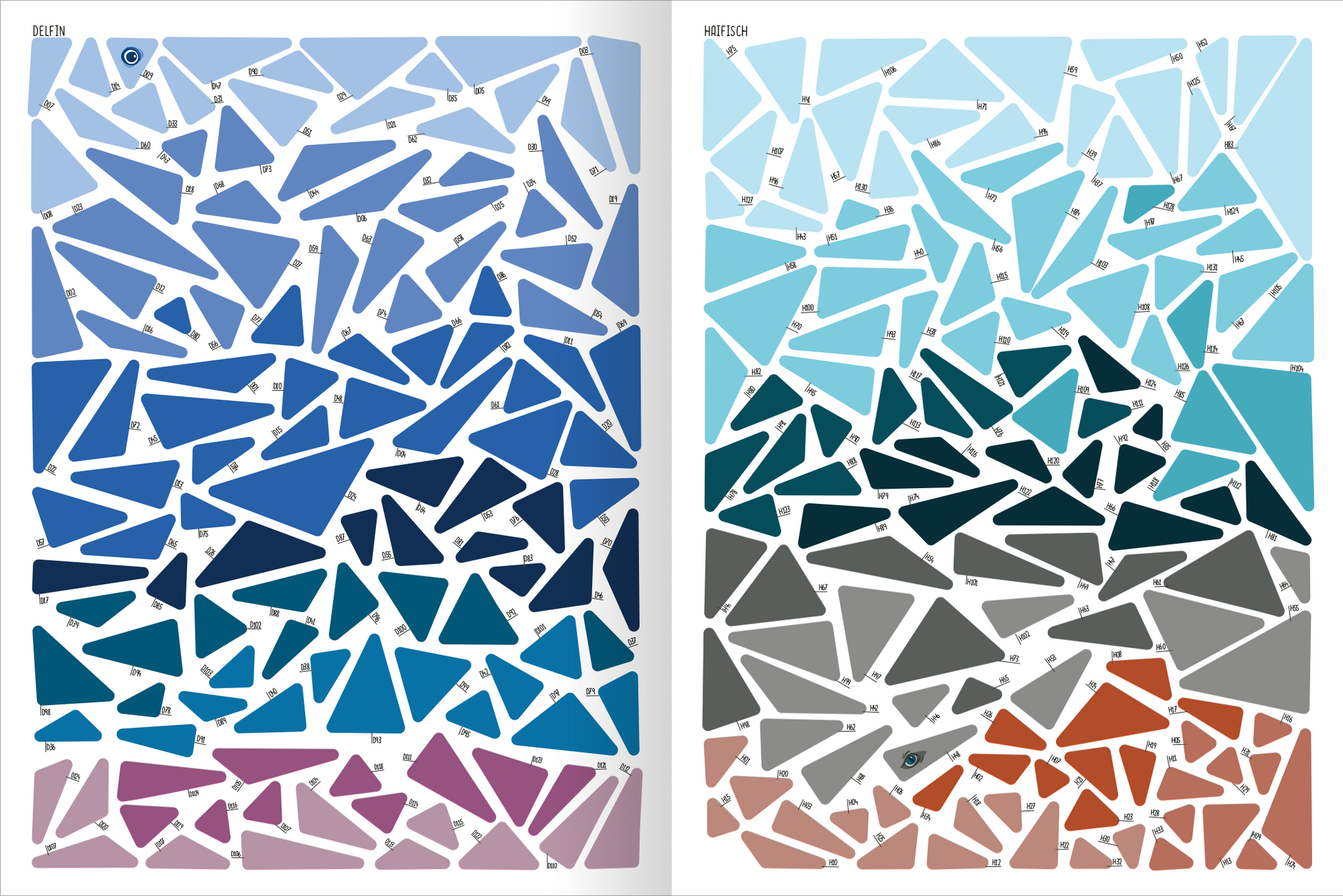Gezeigt wird eine Innen- oder Zusatzansicht von „I Love to Sparkle – Mosaik-Stickerheft Unterwasserwelt“. Die Seite präsentiert eine Vielzahl von geometrischen Formen in unterschiedlichen Blautönen, die die Unterwasserwelt widerspiegeln. Einige Formen sind in sanften Türkis- und Grautönen gehalten, während andere in Korallenrot und Violett akzentuiert sind. Die Hintergrundfarben variieren von hellen zu dunklen Schattierungen, was eine harmonische und ansprechende Gesamtkomposition...