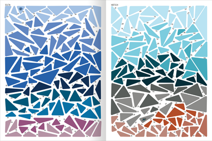 Gezeigt wird eine Innen- oder Zusatzansicht von „I Love to Sparkle – Mosaik-Stickerheft Unterwasserwelt“. Die Seite präsentiert eine Vielzahl von geometrischen Formen in unterschiedlichen Blautönen, die die Unterwasserwelt widerspiegeln. Einige Formen sind in sanften Türkis- und Grautönen gehalten, während andere in Korallenrot und Violett akzentuiert sind. Die Hintergrundfarben variieren von hellen zu dunklen Schattierungen, was eine harmonische und ansprechende Gesamtkomposition...