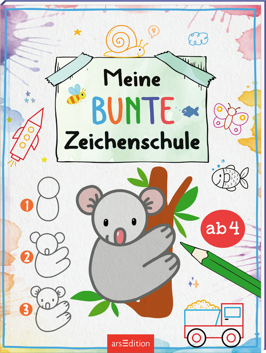 Das Buchcover zeigt einen koalabären, der an einem Baum sitzt, umgeben von bunten, spielerischen Elementen wie Fischen, Insekten und Raketen. Der Titel „Meine BUNTE Zeichenschule“ ist farbenfroh gestaltet und zieht sofort die Aufmerksamkeit auf sich. In der unteren Ecke befindet sich ein roter Kreis mit der Aufschrift „ab 4“, der die Zielgruppe angibt. Ganz oben mittig steht der Logoschriftzug von arsEdition.