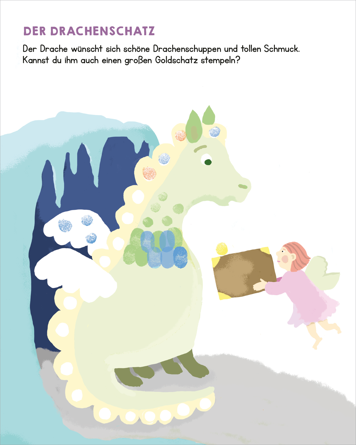 Gezeigt wird eine Innen- oder Zusatzansicht von „Meine allerersten Fingerstempel Feen und Einhörner“. Die Illustration zeigt einen freundlichen Drachen in sanften Grüntönen, umgeben von blauen und grauen Felsformationen. Der Drache mit pastellfarbenem Schmuck hält ein braunes Buch, während ein kleines, fliegendes Fee-Mädchen in Rosa ihm dabei hilft. Die Schrift „DER DRACHENSCHATZ“ ist in klarer, verspielter Typografie in Großbuchstaben oben platziert.