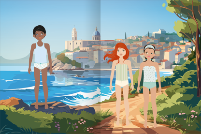 Gezeigt wird eine Innen- oder Zusatzansicht von „Sticker-Anziehpuppen Metallic – Im Urlaub“. Die Illustration zeigt drei stilisierte Figuren am Strand, umgeben von einer lebhaften Küstenlandschaft mit sanften Wellen und einer malerischen Küstenstadt im Hintergrund. Die Figuren tragen Bademode. Die Farbpalette umfasst kühle Blautöne sowie lebendige Rottöne und sanfte Pastelltöne.