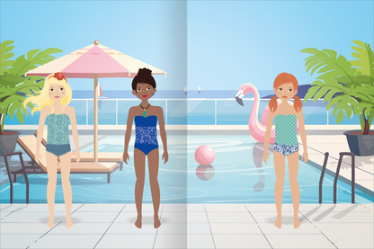 Gezeigt wird eine Innen- oder Zusatzansicht von „Sticker-Anziehpuppen Metallic – Im Urlaub“. Die Illustration zeigt drei Figuren unterschiedlicher Hautfarbe, die am Pool stehen und bunte Badebekleidung tragen. Der Hintergrund ist hellblau und zeigt eine urlaubshafte Atmosphäre, da die Mädchen vor einem Pool stehen, der einen wunderschönen Blick aufs Meer bietet. Sonnenliegen, Pflanzen und Luftmatratzen gibt es auch.