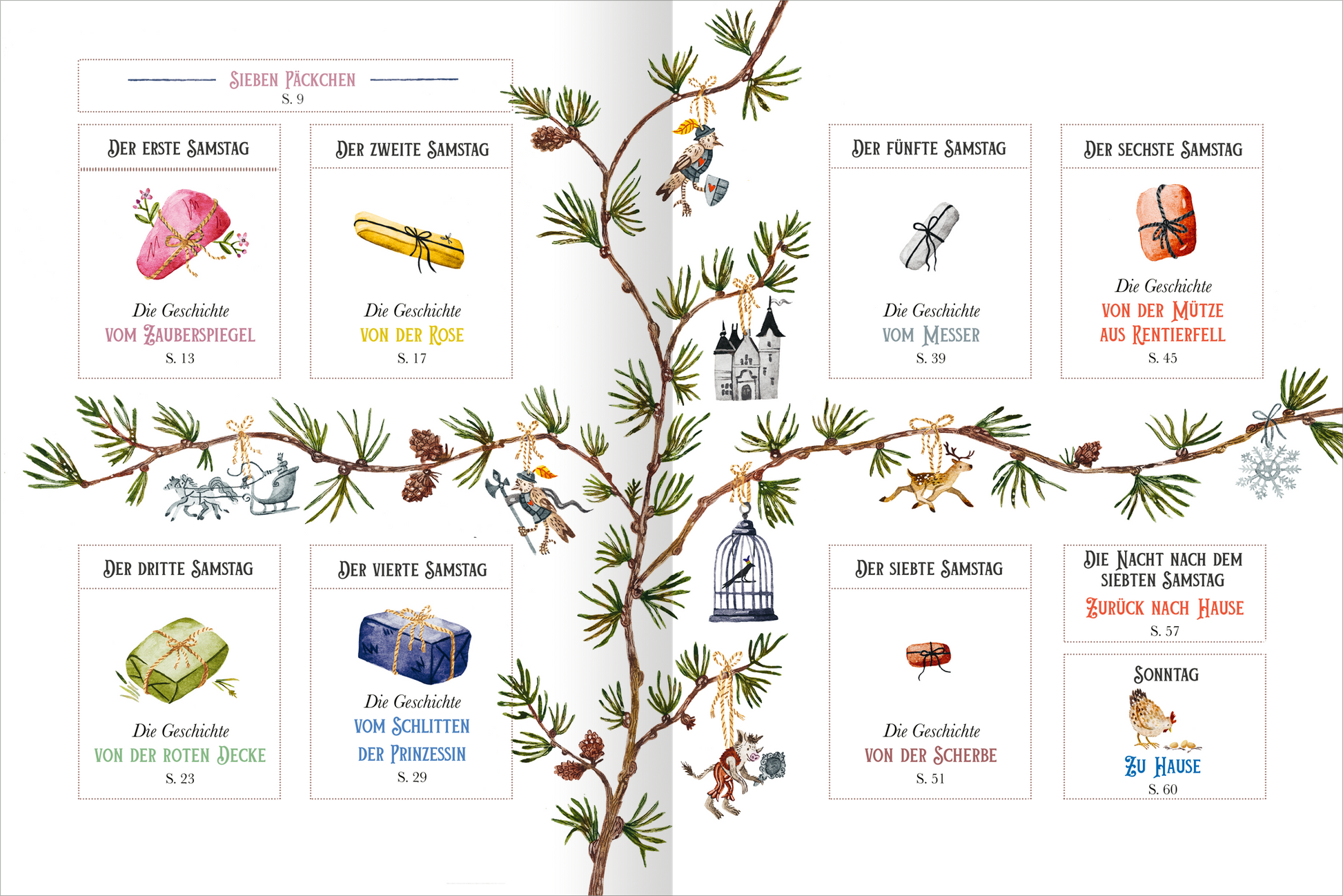 Gezeigt wird eine Innen- oder Zusatzansicht von „Die Schneekönigin“. Die Doppelseite zeigt eine aufwändige, illustrierte Baumzweig-Grafik mit dünnen, grünen Nadeln. Auf den Zweigen sind insgesamt sieben Kästchen platziert, die in sanften Pastellfarben (Rosa, Gelb, Blau, Grün) gehalten sind. Jedes Kästchen trägt die Überschrift eines Kapitels in einer handschriftlichen, verspielten Typografie. Zwischen den Kästchen sind kleine, fantasievolle Zeichnungen von Figuren und Objekten zu...