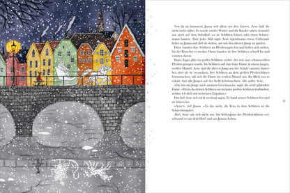 Gezeigt wird eine Innen- oder Zusatzansicht von „Die Schneekönigin“. Auf der linken Seite ist eine lebendige Illustration mit bunten, schneebedeckten Häusern in verschiedenen Farben – rot, gelb, grün und orange – zu sehen, die ein winterliches Stadtbild schaffen. Eine steinerne Brücke verbindet die Häuser, während ein weißes Pferdegespann über die Brücke fährt. Der Himmel ist dunkelblau mit fallendem Schnee. Auf der rechten Seite sind Textabschnitte in klarer, gut lesbarer...