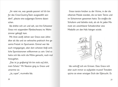 Gezeigt wird eine Innen- oder Zusatzansicht von „Zauberkätzchen – Magische Schulabenteuer“. Die Seiten zeigen eine Mischung aus Text und Illustrationen. Der Text ist in einer klaren, gut lesbaren Schriftart gehalten, mit freundlichen, einladenden Farben wie Hellblau und Sanftrosa. Illustrationen ergänzen die Geschichte, darunter eine skizzierte Figur, die in einem Raum steht. Der Stil ist verspielt und ansprechend, was die magische Atmosphäre des Buches unterstreicht.