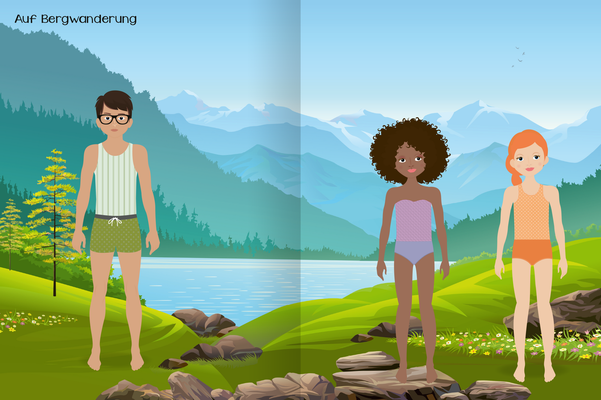 Gezeigt wird eine Innen- oder Zusatzansicht von „Sticker-Anziehpuppen – Ferien“. Die Abbildung zeigt drei Figuren unterschiedlicher Hautfarbe in farbenfroher Unterwäsche, platziert vor einer idyllischen Berglandschaft mit Seen und Bergen. Die linke Figur trägt eine grüne Badehose und ein gestreiftes Oberteil, während die mittlere Figur in einem lilafarbenen Badeanzug und die rechte Figur in einem orangefarbenen Outfit dargestellt ist.