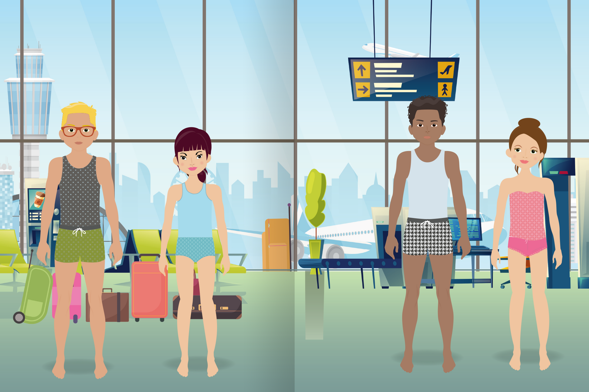 Gezeigt wird eine Innen- oder Zusatzansicht von „Sticker-Anziehpuppen – Ferien“. Die Illustration zeigt vier Figuren unterschiedlicher Hautfarbe in bunter Unterwäsche in einem Flughafen. Sie stehen vor großen Fenstern mit Stadtsicht. Hinter ihnen steht Gepäck und der Check-in. Die Szenerie ist hell und freundlich.
