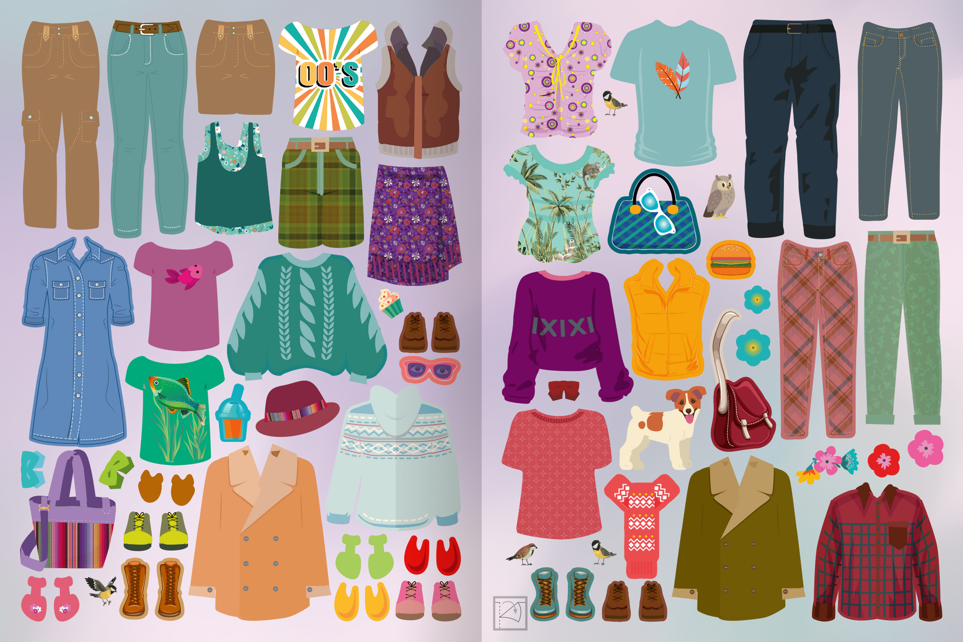Gezeigt wird eine Innen- oder Zusatzansicht von „Sticker-Anziehpuppen – Ferien“. Die Illustration zeigt eine Vielzahl von Kleidungsstücken und Accessoires, angeordnet auf einem hellen Hintergrund. Es gibt Hosen, Kleider, Jacken, Schuhe und Tiere wie einen Hund oder eine kleine Eule. Alles wirkt sehr passend für den Urlaub.