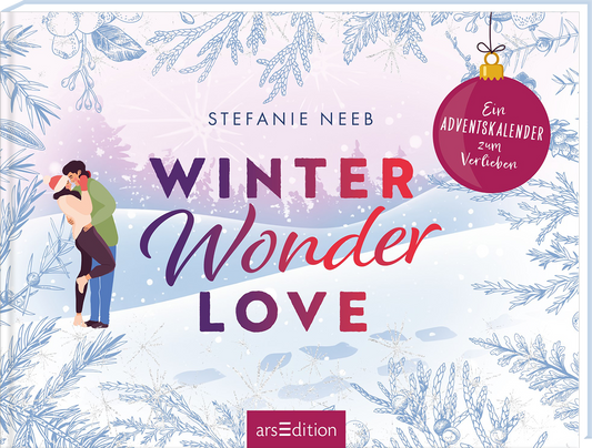 Das Buchcover zeigt eine verschneite Winterlandschaft mit zarten hellblauen und weißen Tönen. Im Vordergrund umarmen sich ein Mann und eine Frau, beide fröhlich gekleidet. Groß und in roten und lila Buchstaben steht der Titel „WINTER WONDER LOVE“. Oben rechts hängt ein roter Anhänger mit der Aufschrift „Ein Adventskalender zum Verlieben“. Der Name der Autorin, Stefanie Neeb, ist in schlichter Schrift platziert. Ganz unten mittig steht der Logoschriftzug von arsEdition.