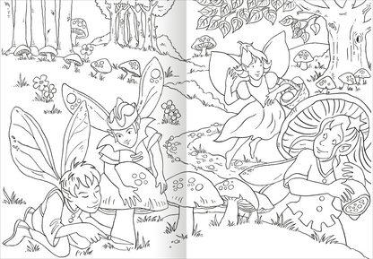 Gezeigt wird eine Innen- oder Zusatzansicht von „Das superdicke Malbuch – Feen und Einhörner“. Die Illustration zeigt eine fantastischen Waldszene mit mehreren Feen, die um große, pilzartige Pflanzen spielen. Die Figuren sind in einem skizzierten Schwarz-Weiß-Stil gehalten. Eine Fee tanzt, während zwei andere neugierig um einen Pilz versammelt sind. Die Umgebung ist mit Bäumen und Blättern ergänzt, die eine verträumte, magische Atmosphäre schaffen.