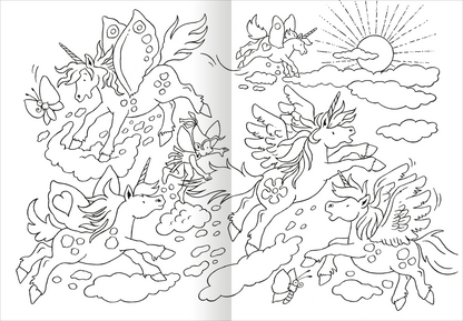 Gezeigt wird eine Innen- oder Zusatzansicht von „Das superdicke Malbuch – Feen und Einhörner“. Die Illustration zeigt mehrere Einhörner mit Flügeln, die durch Wolken fliegen. Im Hintergrund sind eine Sonne und strahlende Linien zu sehen. Die Szenen sind umgeben von zarten Details wie Schmetterlingen und Blumen. Die Zeichnungen sind in Schwarz-Weiß gehalten, was zu einer kreativen Farbgestaltung einlädt. Die Schrift ist kindgerecht und klar lesbar.