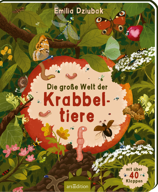 Das Buchcover zeigt eine lebendige, grüne Naturlandschaft, in der zahlreiche Krabbeltierchen, darunter Schmetterlinge, Käfer und Raupen, umherkrabbeln. Der Hintergrund ist mit bunten Blumen und Blättern versehen, die eine einladende Atmosphäre schaffen. Der Titel „Die große Welt der Krabbeltiere“ ist in großen, verspielten Buchstaben in der Mitte platziert, umrahmt von einer roten, wolkenähnlichen Form. Oben links steht der Name der Autorin, Emilia Dziubak. In der unteren linken Ecke...