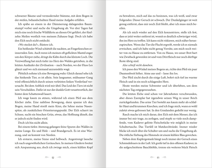 Gezeigt wird eine Innen- oder Zusatzansicht von „The North Wind – Reich aus Eis und Schatten“. Die Doppelseite präsentiert einen gut lesbaren, serifenlosen Schriftsatz in Schwarz auf hellem Hintergrund, der die Lesbarkeit unterstützt. Die Seiten sind visuell ausgewogen gestaltet, mit einem großzügigen Zeilenabstand. Der Text beschreibt eine geheimnisvolle, naturverbundene Atmosphäre, akzentuiert durch kurvenreiche Sätze, die die Stimmung und Umgebung einfangen. Stilistisch wird eine...