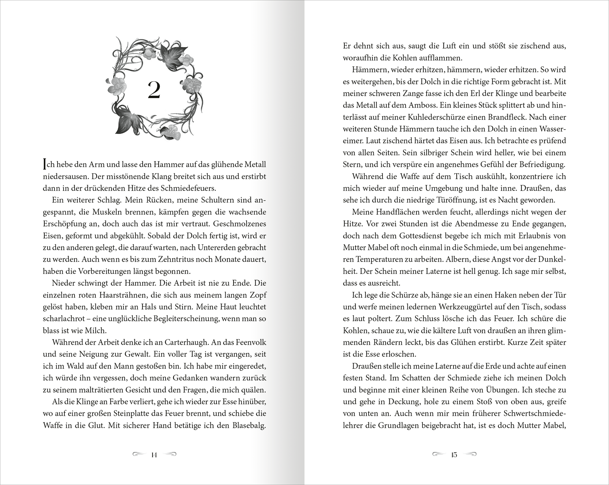 Gezeigt wird eine Innenansicht von „The West Wind – Reich aus Licht und Dornen“. Die Seite zeigt den klaren, eleganten Text in einer gut lesbaren Schriftart, die auf hellem Hintergrund platziert ist. Um den Text herum befindet sich eine dekorative, verschnörkelte Einfassung, die sich in sanften Schwarz- und Grautönen abhebt. Die Seitenzahlen sind am unteren Rand eingetragen, und der gesamte Layout sorgt für eine ruhige, harmonische Leseerfahrung.