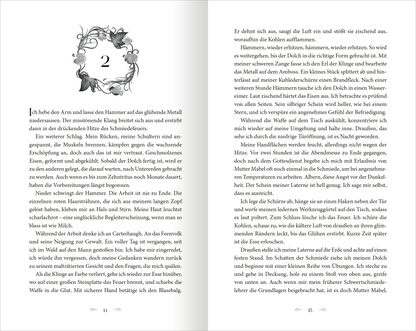 Gezeigt wird eine Innenansicht von „The West Wind – Reich aus Licht und Dornen“. Die Seite zeigt den klaren, eleganten Text in einer gut lesbaren Schriftart, die auf hellem Hintergrund platziert ist. Um den Text herum befindet sich eine dekorative, verschnörkelte Einfassung, die sich in sanften Schwarz- und Grautönen abhebt. Die Seitenzahlen sind am unteren Rand eingetragen, und der gesamte Layout sorgt für eine ruhige, harmonische Leseerfahrung.