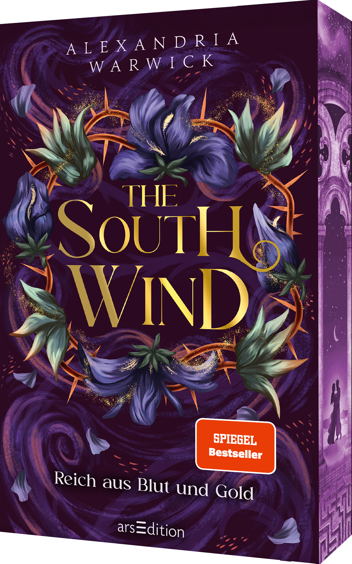 Auf dem Buchcover von „The South Wind“ von Alexandria Warwick dominieren tiefe Violett- und Goldtöne. Umrahmt von stilisierten, geschwungenen Blüten und Blättern, steht der Titel in großen, glänzenden Buchstaben in der Mitte. Unter dem Titel befindet sich der Hinweis „SPIEGEL Bestseller“ in einem roten Button. Die gesamte Gestaltung vermittelt eine geheimnisvolle und fantasievolle Atmosphäre. Ganz unten mittig steht der Logoschriftzug von arsEdition.