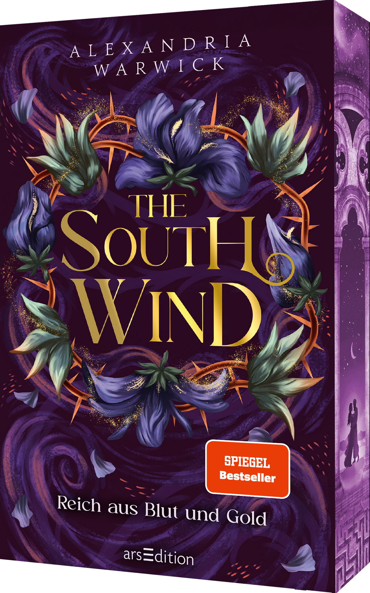 Auf dem Buchcover von „The South Wind“ von Alexandria Warwick dominieren tiefe Violett- und Goldtöne. Umrahmt von stilisierten, geschwungenen Blüten und Blättern, steht der Titel in großen, glänzenden Buchstaben in der Mitte. Unter dem Titel befindet sich der Hinweis „SPIEGEL Bestseller“ in einem roten Button. Die gesamte Gestaltung vermittelt eine geheimnisvolle und fantasievolle Atmosphäre. Ganz unten mittig steht der Logoschriftzug von arsEdition.