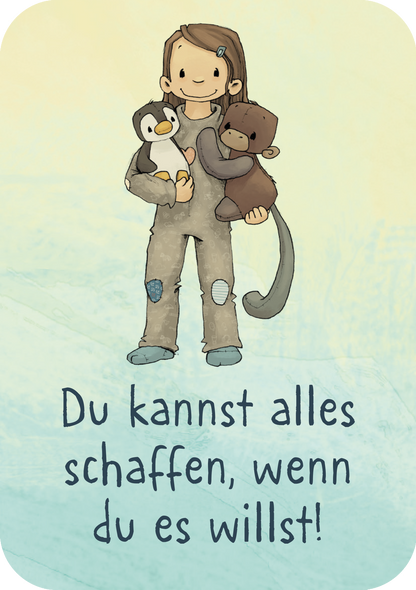 Gezeigt wird eine Innenansicht von „Anouk – Mutmachkarten“. Die Illustration zeigt ein Mädchen, das freundlich lächelt und je ein Kuscheltier im Arm hält, einen Pinguin und einen Affen. Der Hintergrund ist in einem sanften Farbverlauf von gelb nach blau gehalten. Der motivierende Text „Du kannst alles schaffen, wenn du es willst!“ steht unten auf der Karte.