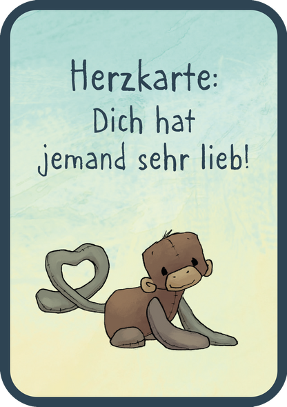 Gezeigt wird eine Innenansicht von „Anouk – Mutmachkarten“. Die Karte zeigt einen niedlichen, gezeichneten braunen Kuscheltieraffen, dessen Schwanz ein Herz bildet und der liebevoll auf den Betrachter blickt. Der Hintergrund ist in einem sanften Farbverlauf von Hellblau bis Gelb gehalten. Oben auf der Karte steht „Herzkarte: Dich hat jemand sehr lieb!“.