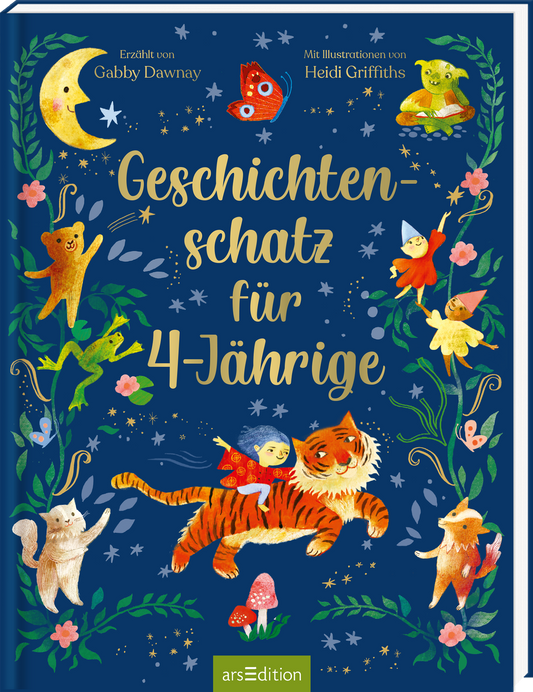 Auf dunkelblauem Hintergrund leuchten die Titelworte „Geschichten-schatz für 4-Jährige“ in verspielter, goldener Schrift. Um die Schrift sind bunte Illustrationen von Tieren und kleinen, magischen Wesen platziert, darunter ein Tiger, ein Bär und eine Meerjungfrau. Ein Halbmond und Sterne schaffen eine märchenhafte Stimmung. Oben rechts erkennt man den Text „Erzählt von Gabby Dawnay, mit Illustrationen von Heidi Griffiths“. Ein SPIEGEL-Bestseller-Button ist sichtbar. Ganz unten...