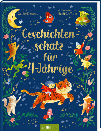 Auf dunkelblauem Hintergrund leuchten die Titelworte „Geschichten-schatz für 4-Jährige“ in verspielter, goldener Schrift. Um die Schrift sind bunte Illustrationen von Tieren und kleinen, magischen Wesen platziert, darunter ein Tiger, ein Bär und eine Meerjungfrau. Ein Halbmond und Sterne schaffen eine märchenhafte Stimmung. Oben rechts erkennt man den Text „Erzählt von Gabby Dawnay, mit Illustrationen von Heidi Griffiths“. Ein SPIEGEL-Bestseller-Button ist sichtbar. Ganz unten...