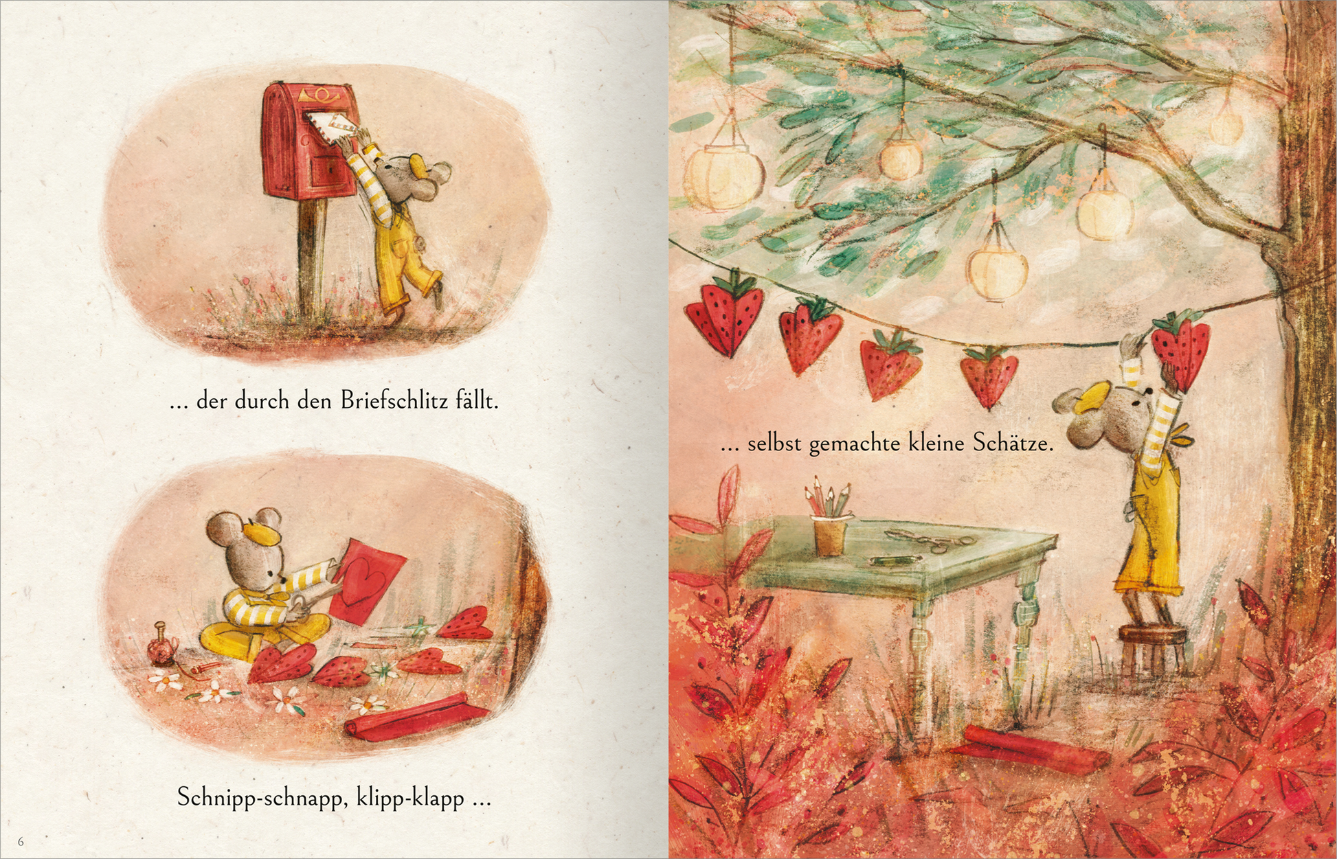 Gezeigt wird eine Innen- oder Zusatzansicht von „Meine Liebe begleitet dich überall hin“. Die Illustration zeigt eine aufgeregte Figur, die einen roten Brief in einen Briefkasten steckt, umgeben von warmen, erdigen Farbtönen in Rot und Gelb. Auf der gegenüberliegenden Seite ist ein gedeckter Tisch im Freien, umgeben von strahlenden Lights und liebevoll gestalteten, roten Herzchen, die an einer Leine hängen. Die handschriftliche Typografie ergänzt das verspielte, herzliche Ambiente.