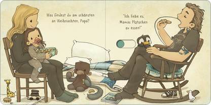 Gezeigt wird eine Innenansicht von „Alle lieben Weihnachten“. Die Illustration zeigt eine gemütliche Szene einer Familie in einem Wohnzimmer. Der Vater auf der rechten Seite, entspannt in einem Schaukelstuhl, isst Plätzchen, während ein Mädchen mit Schnuller auf dem Schoß der Mutter sitzt. Sie hält eine Schüssel voller Kekse. Auf dem Boden davor sitzt ein Stoffaffe. Die Farben sind warm und einladend, mit sanften Brauntönen, und die Typografie ist modern und kinderfreundlich.