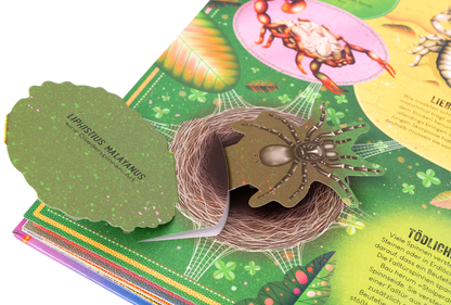 Gezeigt wird eine Innen- oder Zusatzansicht von „Das unglaubliche Pop-up-Buch Insekten“. Der farbenfrohe Hintergrund ist in leuchtenden Grüntönen gehalten und zeigt eine Vielzahl von Insekten und Pflanzen. Im Vordergrund ist eine Pop-up-Spinne zu sehen, die auf einer filigranen Neststruktur ruht. Die Typografie ist verspielt und gut lesbar, in verschiedenen Farben gestaltet, was den bunten Charakter des Buches unterstreicht.