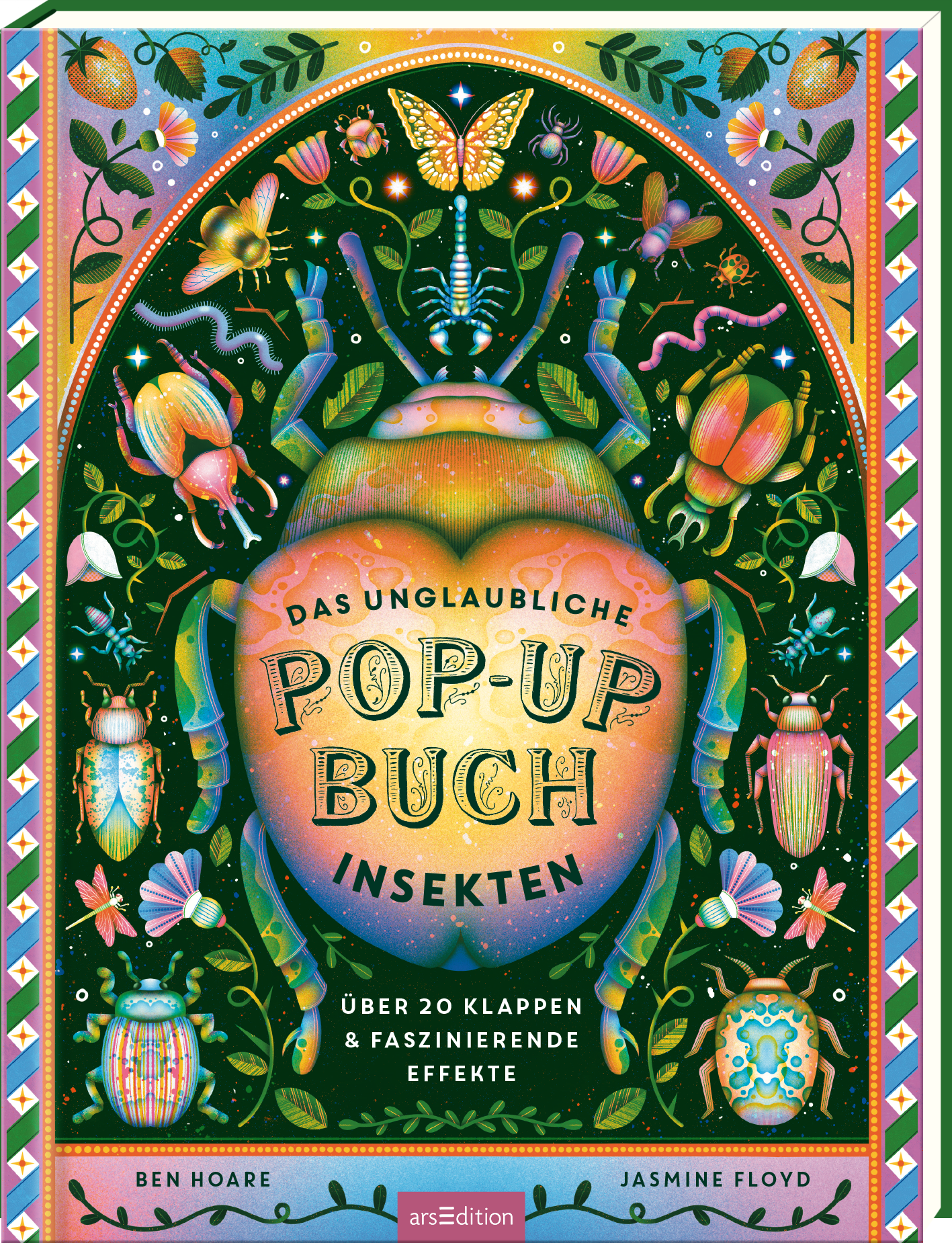 Das Buchcover zeigt einen großformatigen, bunten Käfer, umgeben von filigranen Pflanzen- und Blütenmotiven. Der Hintergrund ist in sanften Blau- und Grüntönen gehalten, die eine lebendige Atmosphäre schaffen. In der Mitte steht in fetter, schwarzer Schrift „DAS UNGLAUBLICHE POP-UP BUCH INSEKTEN“, darunter der Text „ÜBER 20 KLAPPEN &amp; FASZINIERENDE EFFEKTE“. Die Urheber Ben Hoare und Jasmine Floyd sind am unteren Rand des Covers verzeichnet. Ganz unten mittig steht der...