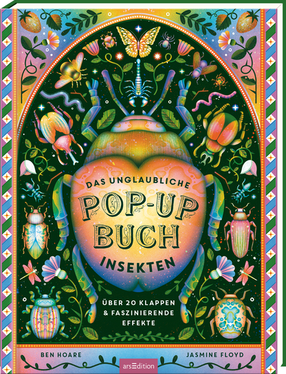 Das Buchcover zeigt einen großformatigen, bunten Käfer, umgeben von filigranen Pflanzen- und Blütenmotiven. Der Hintergrund ist in sanften Blau- und Grüntönen gehalten, die eine lebendige Atmosphäre schaffen. In der Mitte steht in fetter, schwarzer Schrift „DAS UNGLAUBLICHE POP-UP BUCH INSEKTEN“, darunter der Text „ÜBER 20 KLAPPEN &amp; FASZINIERENDE EFFEKTE“. Die Urheber Ben Hoare und Jasmine Floyd sind am unteren Rand des Covers verzeichnet. Ganz unten mittig steht der...