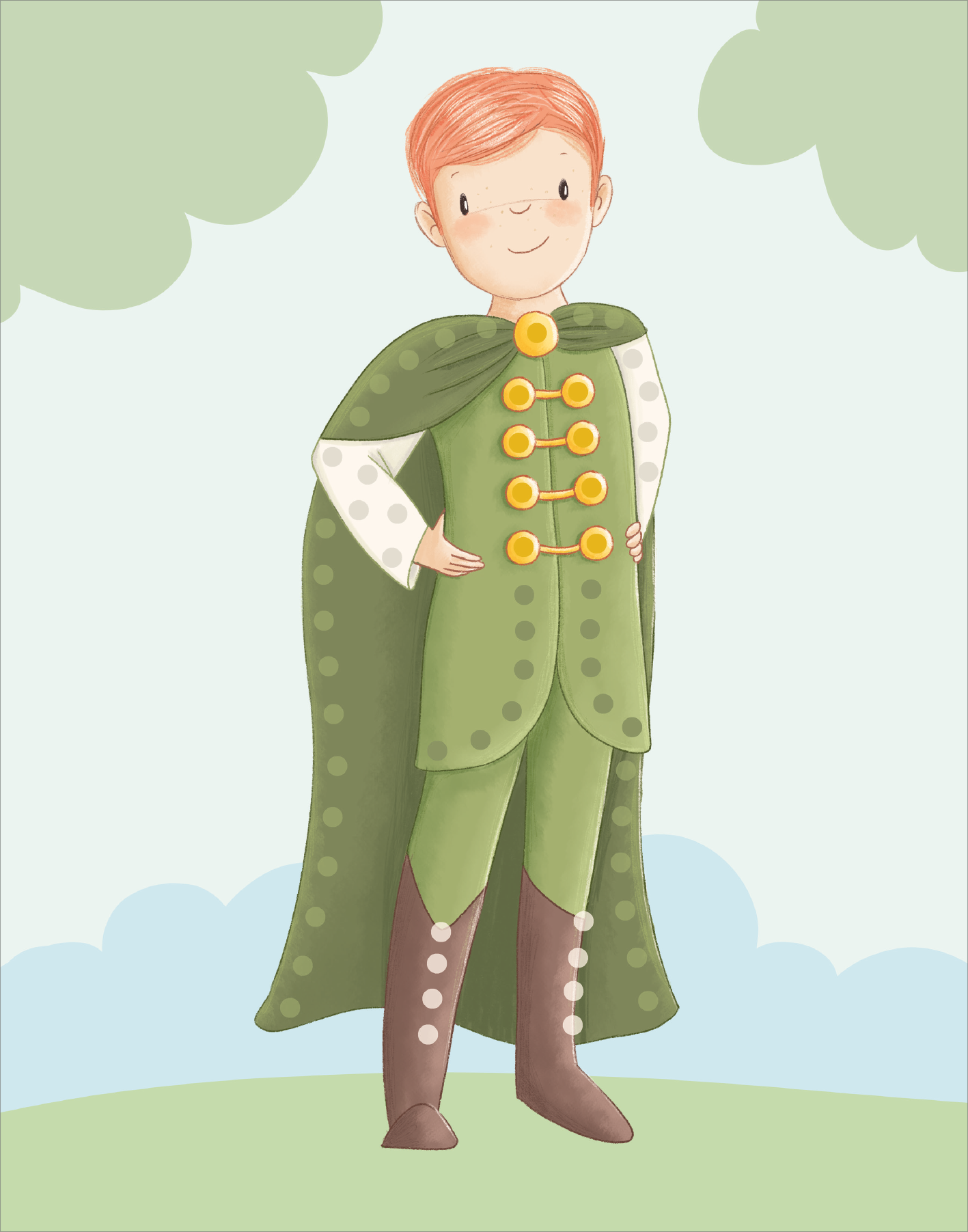 Gezeigt wird eine Innen- oder Zusatzansicht von „Diamantsticker Anziehpuppen – Prinzessinnen und Prinzen“. Die Abbildung zeigt einen Jungen in einem fantasievollen Outfit mit einem grünen Umhang und braunen Stiefeln. Der Umhang ist mit runden, grünen Punkten verziert. Das Hemd hat weiße Ärmel und zeigt an der Brust eine Reihe von vier gelben Knöpfen. Der Hintergrund ist himmelblau mit sanften Wolkenformen in hellgrün. Die Figur ist in einem kindgerechten, freundlichen Zeichenstil...