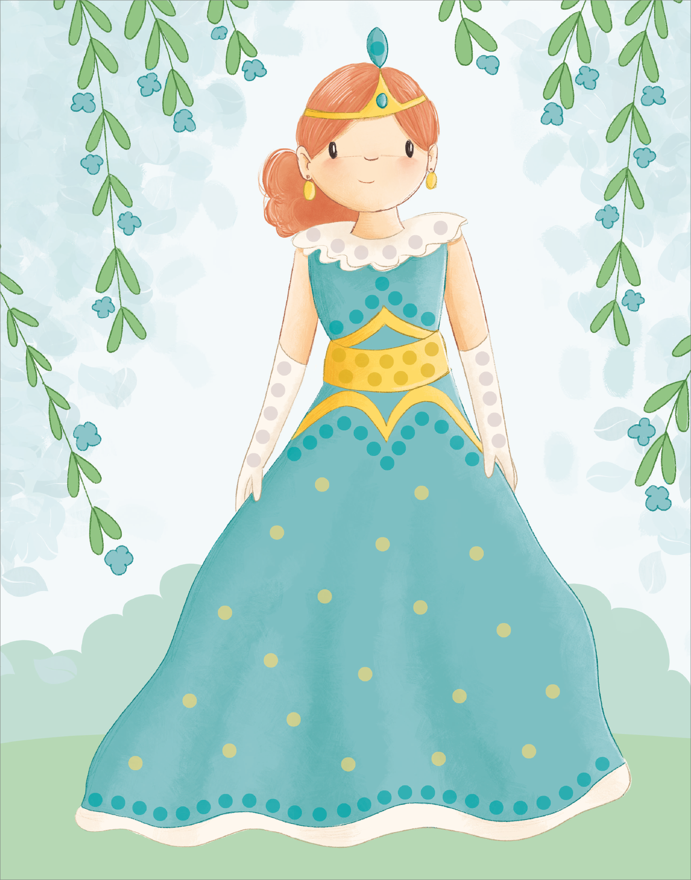 Gezeigt wird eine Innen- oder Zusatzansicht von „Diamantsticker Anziehpuppen – Prinzessinnen und Prinzen“. Die Abbildung zeigt eine Prinzessin in einem türkisfarbenen Kleid mit goldenen und blauen Akzenten. Ihr Haar ist rötlich und zu einem Pferdeschwanz gebunden. Das Kleid hat eine üppige, ausgestellte Form, verziert mit blauen Punkten und einem weißen Kragen. Im Hintergrund sind sanfte grüne Wolken sowie florale Elemente in zarten Farben zu sehen.