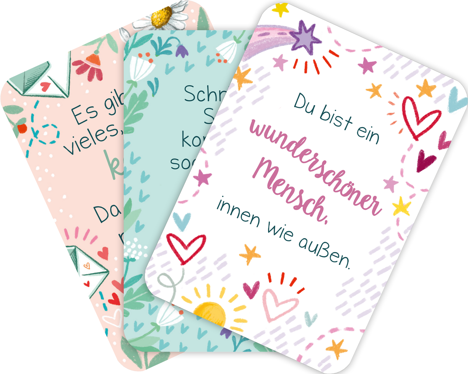 Gezeigt wird eine Ansicht von drei gefächerten Karten aus der Kartenbox „Du bist genau richtig! – 50 Karten für dich“. Die Karten präsentieren fröhliche, bunte Designs mit sanften Farben wie Türkis, Rosa und weiß. Jede Karte enthält einen Spruch in einer handschriftlich anmutenden Typografie in verschiedenen Stilen. Illustrationen von Herzen, Sonnen und floralen Elementen umrahmen die Texte und verleihen den Karten eine einladende und positive Ausstrahlung.