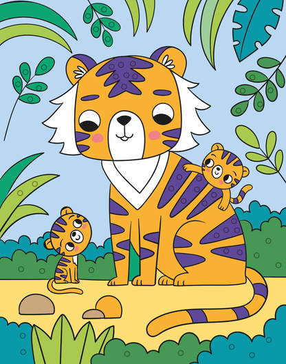 Gezeigt wird eine Innen- oder Zusatzansicht von „Mein Diamant-Stickerheft – Tiere“. Die Illustration zeigt eine freundliche, orangefarbene Tigermutter mit lila Streifen, die zwei kleine Tiger mit runden Gesichtern um sich hat. Der Hintergrund ist in sanften Blautönen gestaltet und wird von grünen Blättern und Pflanzen umrahmt.