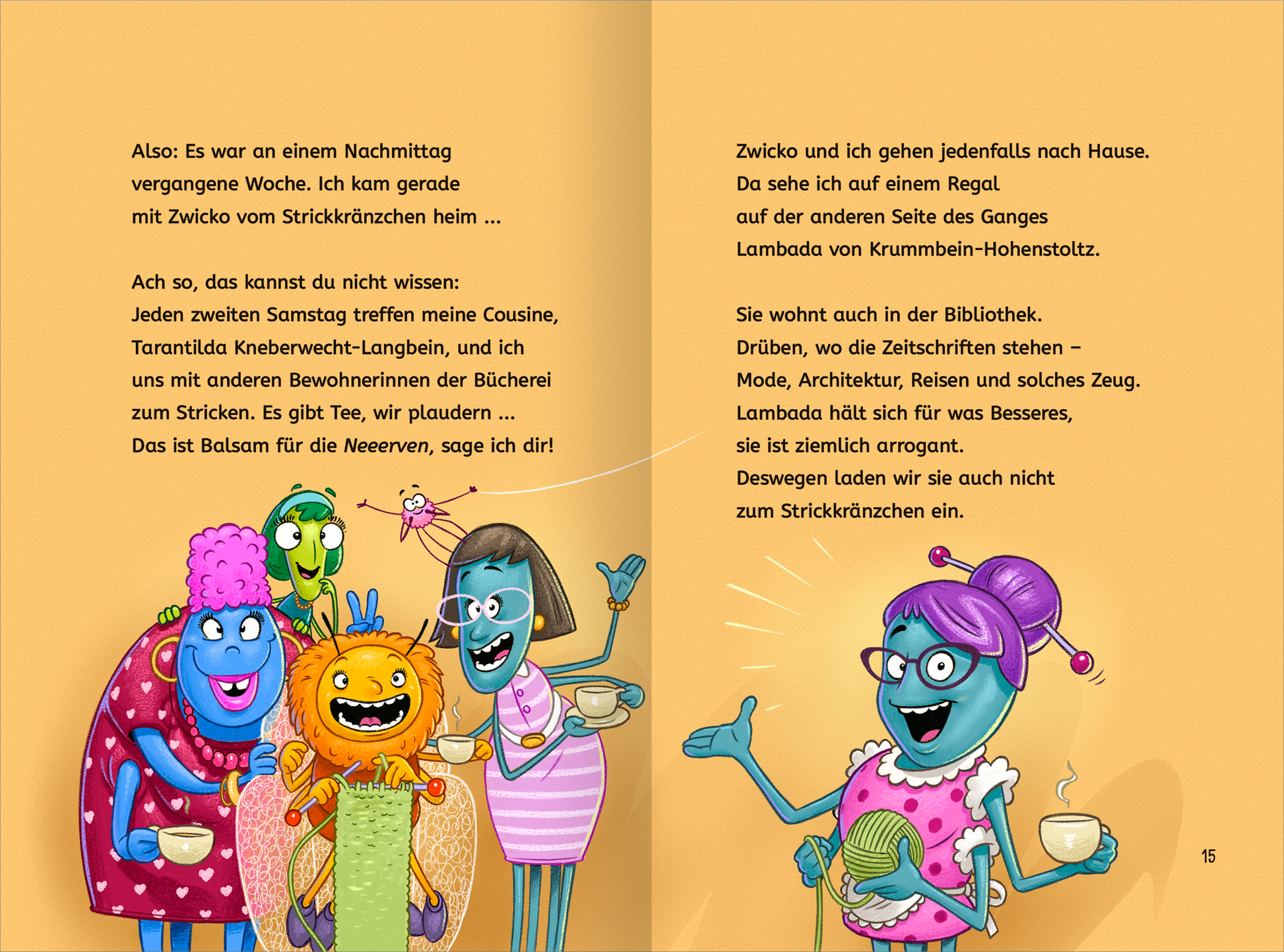 Gezeigt wird eine Innen- oder Zusatzansicht von „Lesen NERVT! – Bücher? Voll anstrengend!“. Die Illustration zeigt eine Gruppe von bunten, cartoonhaften Charakteren, die fröhlich zusammenstehen und stricken. Die Figuren sind lebendigen Farben wie Pink, Blau und Gelb gehalten. Rechts daneben sieht man die Figur Karoline Kneberwecht vor einem gelben Hintergrund. Die Figur hat lila Haare, trägt ein pinkes Kleid und hat vier Arme. Die Typografie ist groß und klar.