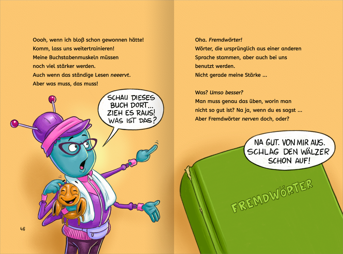 Gezeigt wird eine Innen- oder Zusatzansicht von „Lesen NERVT! – Bücher? Voll anstrengend!“. Die Illustration zeigt links die Figur Karoline Kneberwecht vor einem gelben Hintergrund. Die Figur hat lila Haare, trägt ein pinkes Kleid und hat vier Arme. Die rechte Seite hebt ein grünes Buch mit dem Titel „Fremdwörter“ hervor. Die Farben sind lebhaft und wirken ansprechend, während die Typografie gut lesbar und abwechslungsreich gestaltet ist.