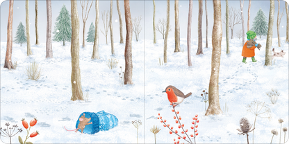 Gezeigt wird eine Innen- oder Zusatzansicht von „Der verlorene Handschuh“. Die Illustration zeigt eine serene Winterlandschaft mit schneebedecktem Boden und sparsam belaubten Bäumen in sanften Brauntönen. Ein kleiner blauer Handschuh liegt auf dem Schnee, während ein roter Vogel und eine Figur in orangefarbener Kleidung, die eine grüne Mütze trägt, im Hintergrund zu sehen sind. Die Farbgebung wirkt harmonisch und freundlich, die Typografie im Text ist klar und gut lesbar.